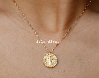 St. Benedict Dual Side Coin Pendant necklace, Gold, Silver Necklace, Sacramental Nursia Patron Medal, Minimalist Jewelry, Dedication Gift