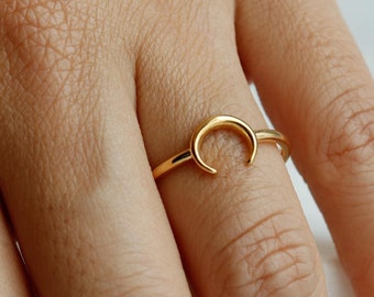 Small Crescent Horn, Upside Down Moon Shape Ring, Celestial Aesthetic, Boho Gold, Dainty Adjustable, Minimalist Her Gift