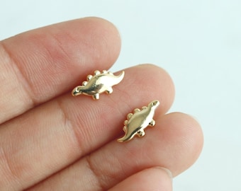 Dainty Baby Stegosaurus Earrings, Miniature Cute Roof Lizard Dino Charms, Gold Plated Pushback, Minimal Dinosaur Jewelry Bestie Gift