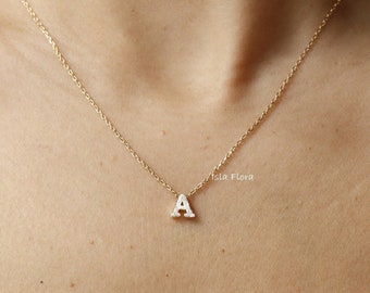 Dainty Letter Brushed Initial Necklace 18k Gold Dipped Tiny A B C D E F Block Pendant, Personal Jewelry, Cute Bridesmaid Best Friend Gift