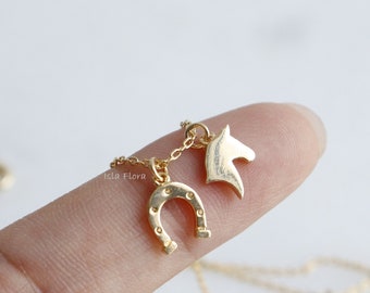 Small Horse & Horseshoe Double Pendant Necklace, Dainty Western, Cowboy Boots, Cowgirl, Gold Minimalist Jewelry, Bridesmaid Tour, Her Gift