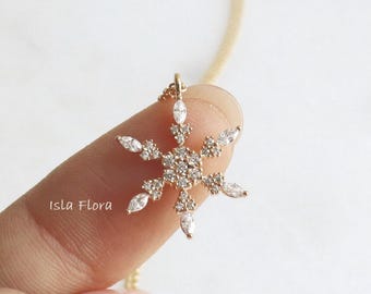 Dainty Snowflake Pendant Necklace, Cute Winter Jewelry, Marquise Crystal Sparkle, Snow, Plated Chain, Minimal, Bridesmaid Her Gift