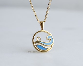 Two Tone Wave Cutout Circle Pendant Necklace, Enamel with CZ Stud, Beachside, Coastal, Minimalist Jewelry, Bridesmaid Gift