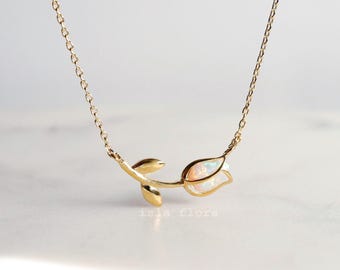 Opal Tulip Double Pendant Necklace, Simple Encased Petal, Gold Silver, Dainty Birth flower Wedding Jewelry, bridesmaid, Mom Sister Gift