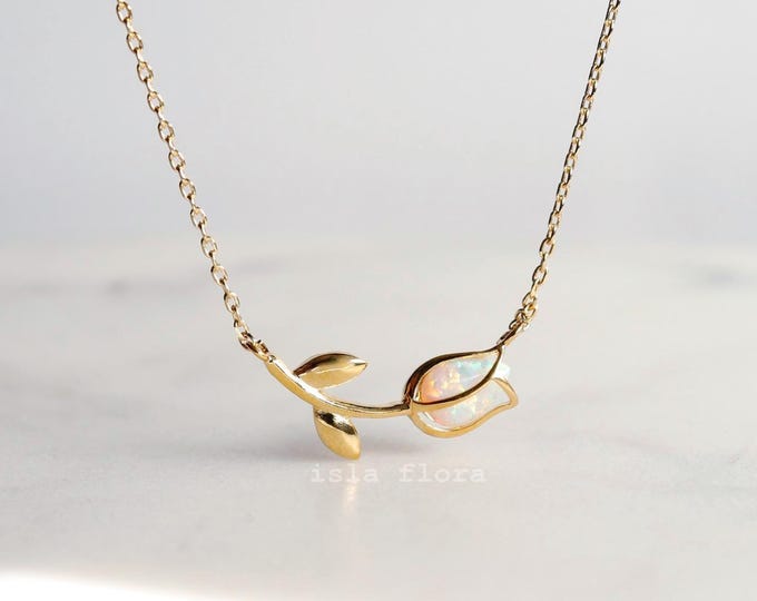 Featured listing image: Opal Tulip Double Pendant Necklace, Simple Encased Petal, Gold Silver, Dainty Birth flower Wedding Jewelry, bridesmaid, Mom Sister Gift