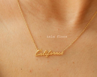 California Classy Cursive Script Necklace, Brushed Texture, IslaFlora, Golden State, Minimalist Jewelry,  Bestie Cali Gift