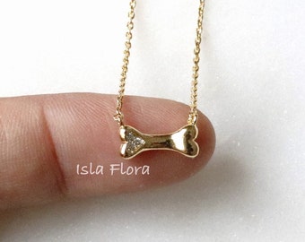 Cubic Heart Dog Bone Pendant Necklace, Adorable Puppy CZ Heart Jewelry, Pet Lovers, Delicate Minimalist Charm, Layering Her Gift