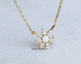 Crystal Petal Opal Daisy Flower Necklace, Dainty Gold, Minimalist Fine Jewelry, Bridesmaid Birthstone, Delicate Her Gift