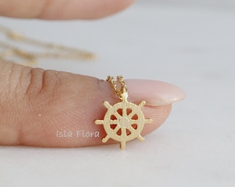 18k Gold Dipped Dainty Ship Wheel Pendant Necklace, Nautical Elegance, Delicate, Fine, Brushed Look, Minimalist Jewelry, Bridesmaid Gift