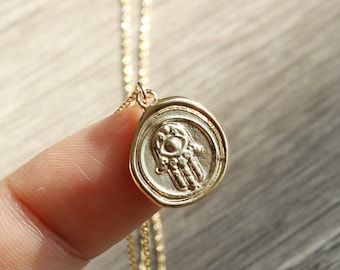 Dainty Hamsa Eye Hand Stamped Coin Pendant Necklace, Eye Protection Gold Plated Charm, Palm Dainty Minimalist Jewelry, bridesmaid Gift