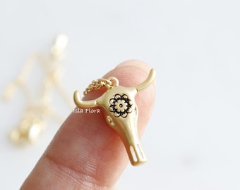 Floral Decorated Bull Skull Pendant Necklace, Matte Gold, Silver Cattle Head Charm, Timeless, Fine Boho, Minimalist Jewelry, Bridesmaid Gift