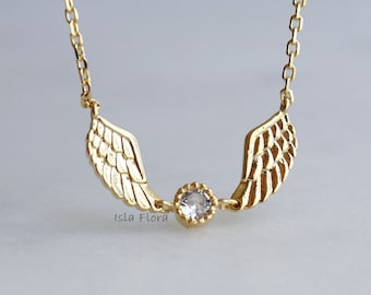 18K Gold Dipped Angel Wings Crystal Circle Pendant Necklace, Ethereal Beauty, Floating Wing, Dainty Jewelry, bridesmaid, Detail Mothers Gift