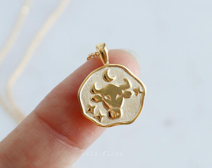 Taurus Zodiac Necklace, The Bull with Stars Emboss Stamped Uneven Coin Charm, Dainty Gold plated, Minimalist Jewelry, Bridesmaid Her Gift