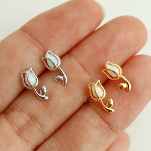 Tiny Opal Tulip Earrings, Dainty Floral Gold, Silver Minimal Jewelry, Stone Encased Flower Branch, bridesmaid, Coastal, Meaningful Her Gift