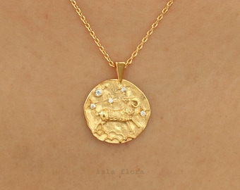 Aries Zodiac Necklace, Crystal Gem Paved Stamped Coin Pendant, Dainty Gold Melted Look, Minimalist Jewelry, Astrology Birthday Her Gift