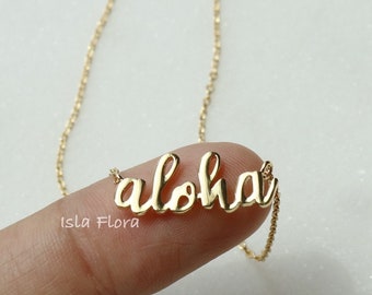 Dainty Cursive Aloha Necklace, Cute 18k Gold Plated Silver, Hawaii Warmth of Islands, Hawaiian, Minimalist Jewelry, Bridesmaid Vacation Gift