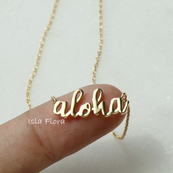 Dainty Cursive Aloha Necklace, 18k Gold Dipped Silver, Hawaii Warmth of Islands, Hawaiian, Minimalist Jewelry, Bridesmaid Vacation Gift