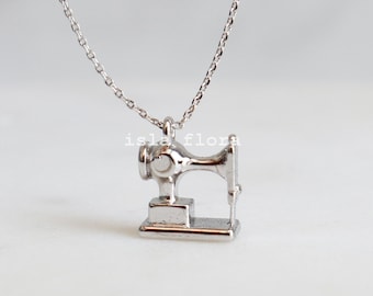 Antique Sewing Machine Necklace, Unique Pendant, Miniature Vintage Dainty Charm, White Gold Dipped, Seamstress Hobby Bestie, Mothers Gift