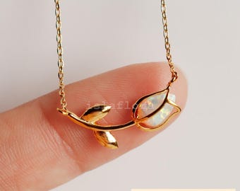 Dainty Tulip Necklace, Opal Encased Petal Flower Pendant, Simple, Silver Gold, Minimal Jewelry, bridesmaid, Wedding Party, Her Gift