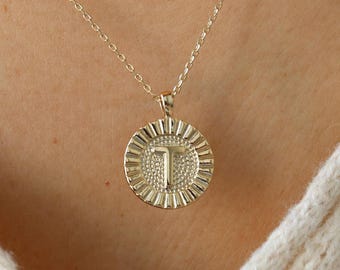 Letter T Fluted Medallion Pendant Necklace, Gold T Name Charm Necklace, Stacking, Personal Initial, Minimal Jewelry, Bestie Her Holiday Gift