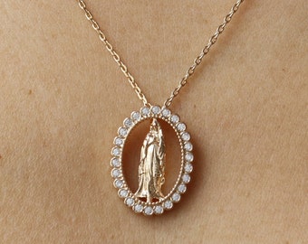 Floating Virgin Mary Statue Necklace, 18K Gold Dipped Oval CZ Rhinestone, Jesus Religious Dainty Jewelry, Mothers Bestie Gift