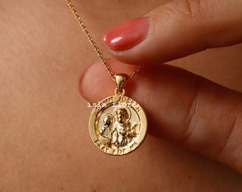 St Joseph Emboss Necklace, Gold Dipped Saint Nazareth, Father with Christ Fine Delicate, Minimalist Jewelry, Dainty Bridesmaid Bestie Gift