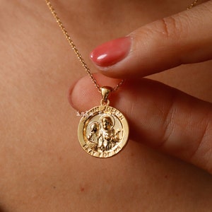 St Joseph Emboss Necklace, Gold Dipped Saint Nazareth, Father with Christ Fine Delicate, Minimalist Jewelry, Dainty Bridesmaid Bestie Gift