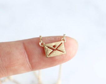 Dainty Love Letter Charm Necklace, Heart Romantic Jewelry, Brushed Envelope Gold Dipped, Valentine Jewelry, bridesmaid Gift