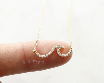 Cubic Studded Wave Pendant Necklace, Quality Made, Gold Plated Dainty Minimalist Jewelry, bridesmaid Gift