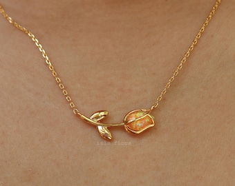 Love with Passion, Orange Opal Tulip Necklace, Vibrant Happiness Flower, Silver Gold, Minimal Jewelry, bridesmaid, Perfect Summer Her Gift