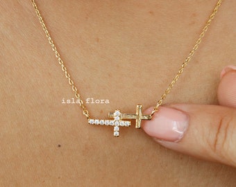 Solid & Studded Cross Twin Layer Necklace, Christian Symbol, Double Crosses, Dainty Gold Silver Fine Detail, Minimalist Jewelry, Bestie Gift
