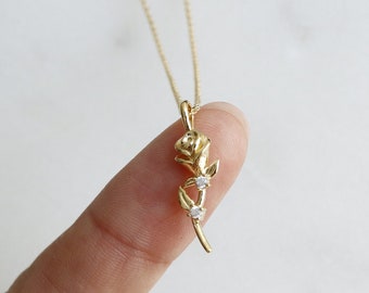 Dainty Crystal Paved Single Rose Necklace, Gold Plated Stud Detail, Rose Stem Flower Minimalist Jewelry, bridesmaid, Delicate Her Gift