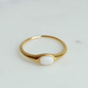 Oval Opal Gem Ring, Dainty Simple, Gold Plated Minimalist, Open Band, Perfect Stacking Ring, Coastal Aesthetic Birthstone Ring Gift for Her