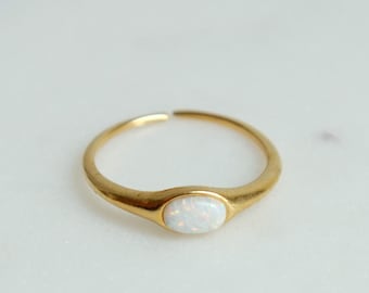 Oval Opal Gem Ring, Dainty Simple, Gold Plated Minimalist, Open Band, Perfect Stacking Ring, Coastal Aesthetic Birthstone Ring Gift for Her