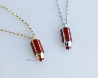 18k Gold Dipped Dainty Red Pencil Pendant Necklace, Back to School, Student Charm, Minimalist Jewelry, Thank you Teacher, Best Friend Gift