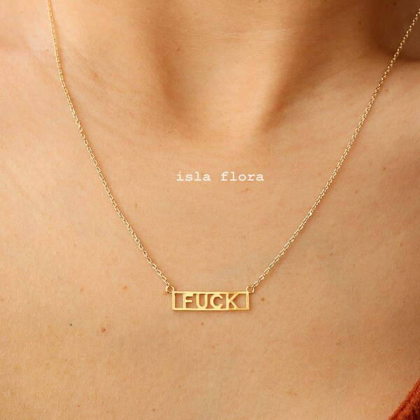 Aesthetic Bar Plate Fuck Necklace, All Caps Letter Outline, Artistic Society, Fun, Cosplay, IslaFlora, Minimalist Jewelry, Party Gift