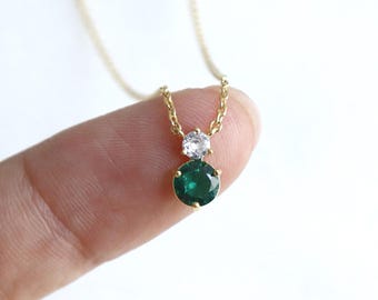 Green Crystal Duo Drop Charm, May Birthstone Emerald Gem Pendant Necklace, Delicate Fine Minimalist Jewelry Bridesmaid Gift