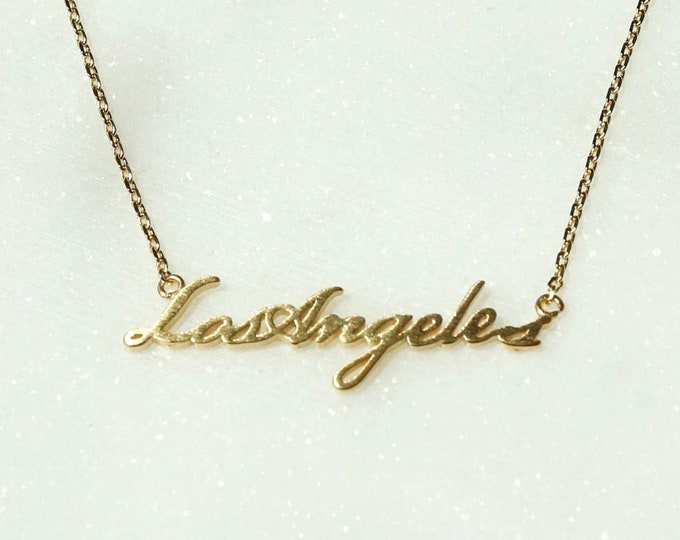 18k Gold Dipped Cursive Handwritten Los Angeles LA Westcoast Statement Necklace, Plated Chain, Dainty Minimalist Jewelry, bridesmaid Gift
