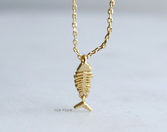 18k Gold Dipped Fishbone Pendant Necklace, Sleek Dangle Tail, Delicate, Fine, Brushed Look, Fish Bone Minimalist Jewelry, Bridesmaid Gift