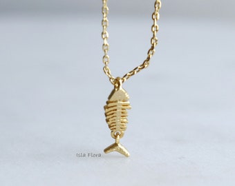 Bare Fishbone Charm Pendant Necklace, Fun Dangle Tail, Dainty Gold, Brushed Look, Fish Bone Minimalist Jewelry, Bridesmaid Her Gift
