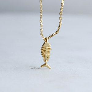 Bare Fishbone Charm Pendant Necklace, Fun Dangle Tail, Dainty Gold, Brushed Look, Fish Bone Minimalist Jewelry, Bridesmaid Her Gift
