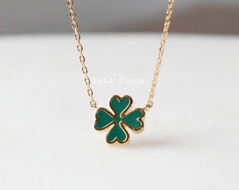 Emerald Green 4 Leaf Clover Necklace 18K Gold Dipped Dainty Heart Leaf Charm, Romantic Jewelry, Delicate Minimalist, bridesmaid Bestie Gift