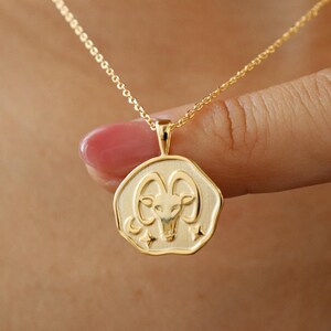 Capricorn Zodiac The Sea Goat Emboss Stamped Uneven Coin Necklace, Gold plated, Dainty, Minimalist Jewelry, Bridesmaid Her Gift