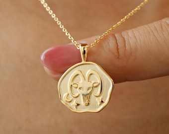 Capricorn Zodiac The Sea Goat Emboss Stamped Uneven Coin Necklace, Gold plated, Dainty, Minimalist Jewelry, Bridesmaid Her Gift