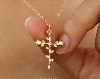 Sacred Cross Pendant Necklace, Realistic Regency Rose, Fine Minimalist Jewelry, Faith Necklace, Gold Plated, Catholic God Daughter Gift