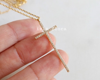 Crystal Paved Gold Thin Cross Necklace, Modern Symbol of Faith, Dainty, Delicate, Aesthetic, Minimalist Jewelry, Christian, Bridesmaid Gift