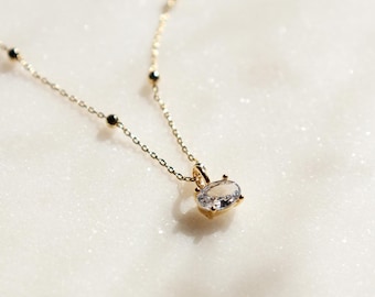 Clear Crystal Bezel Oval Pendant Necklace, Gold Silver, Dainty Satellite Chain, Simple Jewelry, bridesmaid, Wedding, Daughter Her Gift
