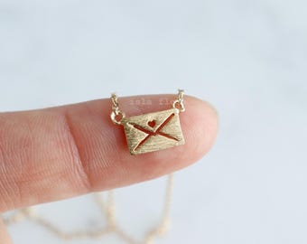 Dainty Love Letter Charm Necklace, Heart Romantic Jewelry, Brushed Envelope Gold Dipped, Valentine Jewelry, bridesmaid Gift