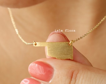 Brushed Oklahoma State Pendant Necklace, Gold Plated Sooner State Pride, Fine, Delicate, Minimalist Jewelry, Dainty Necklace Charm Gift