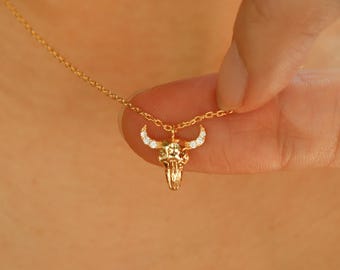 Tiny Bull Head Necklace, Paved Horns, Dainty Cow Horn Skull Charm, Boho, Gold Minimalist Jewelry, bridesmaid Graduation her Gift
